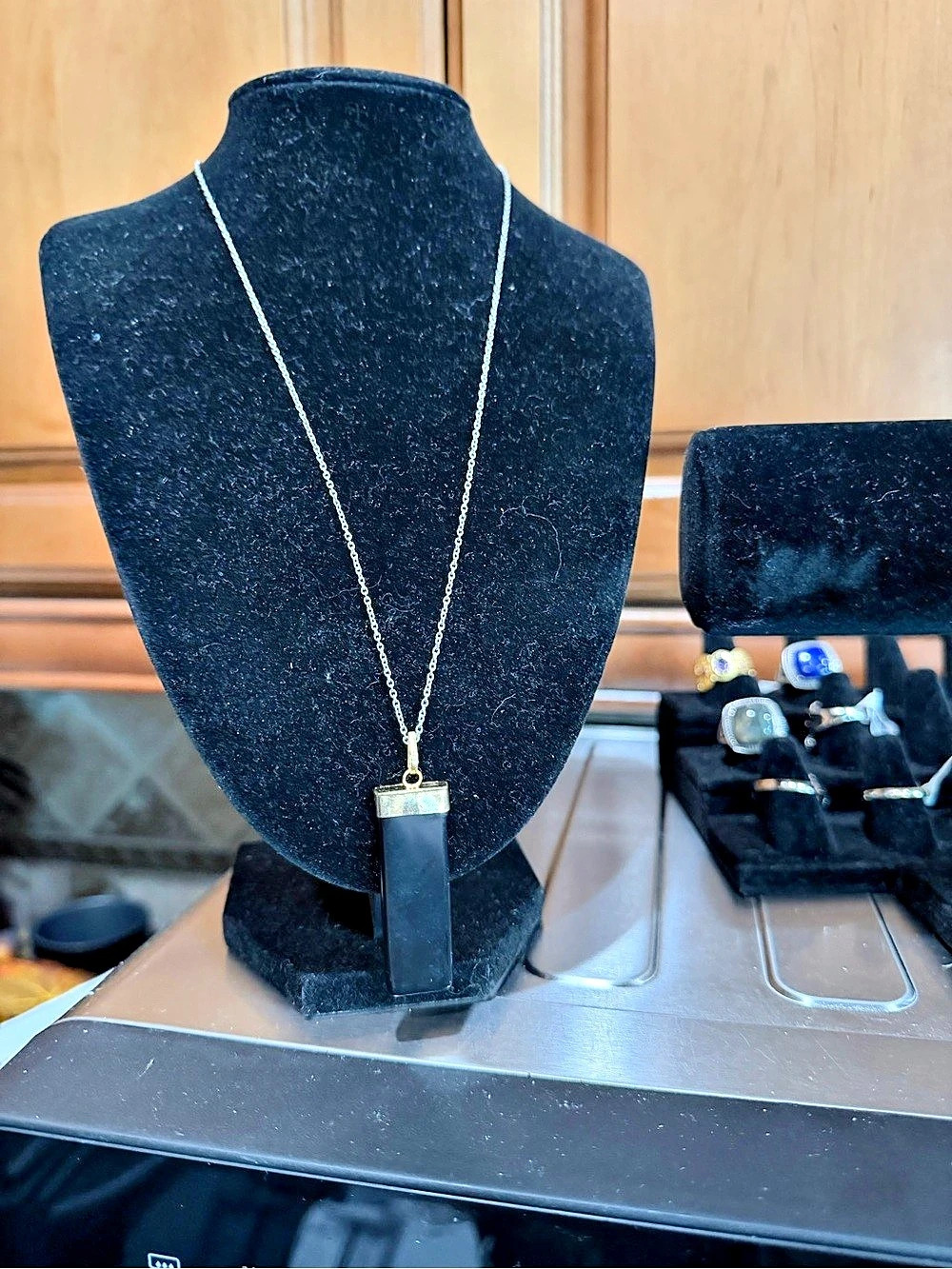 Black Onyx Rectangular Pendant in goldtone with Stainless Steel Necklace 20 in.